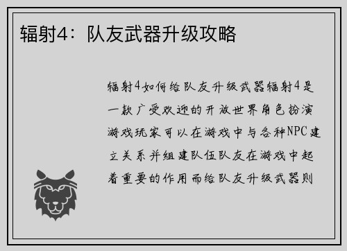 辐射4:队友武器升级攻略 辐射4:队友武器升级攻略